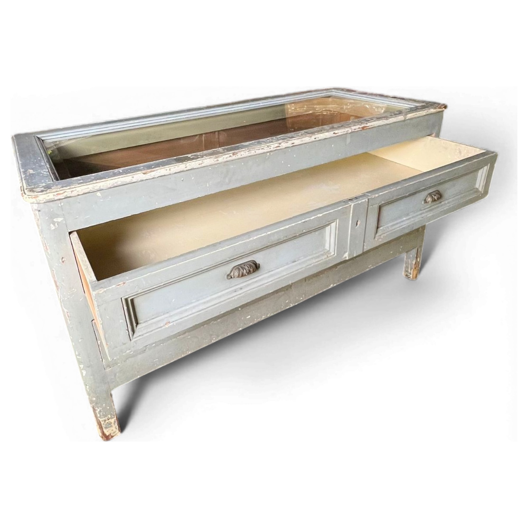 vetrina da negozio in legno patinato