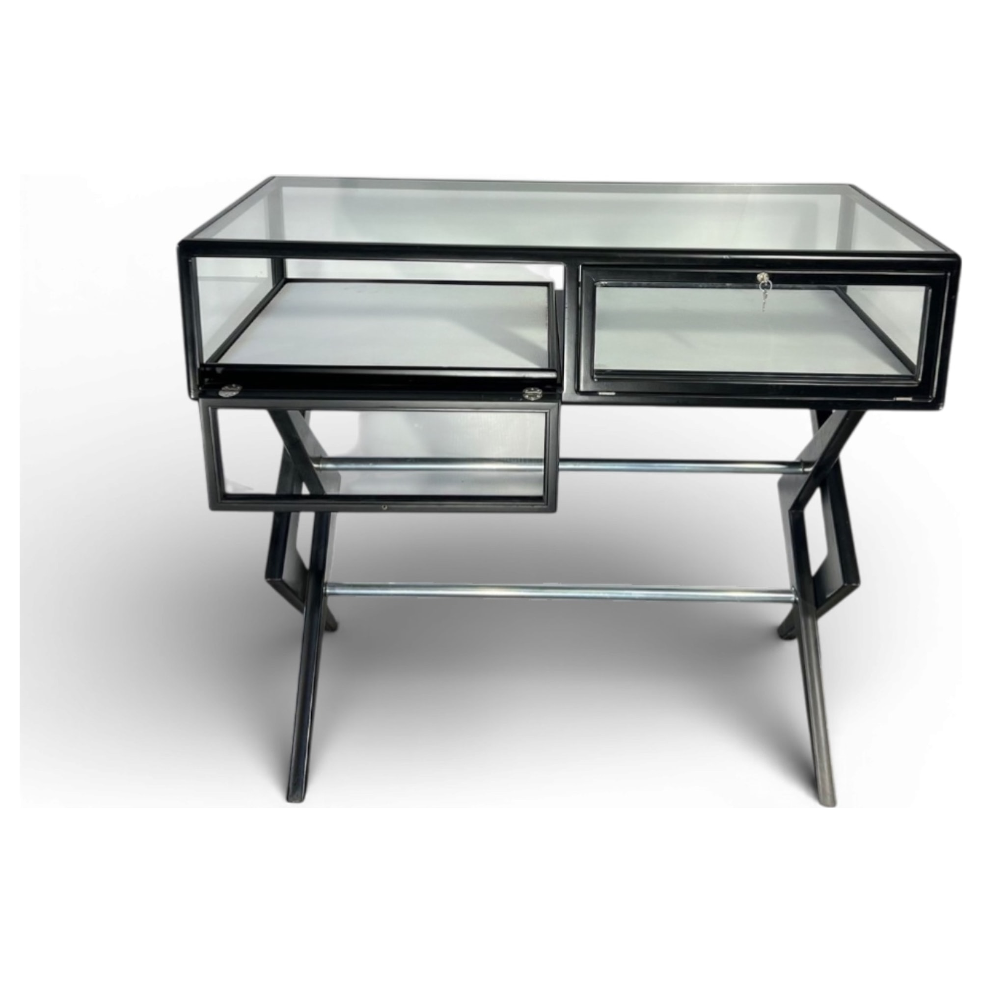 teca vetrina con gambe geometriche in metallo