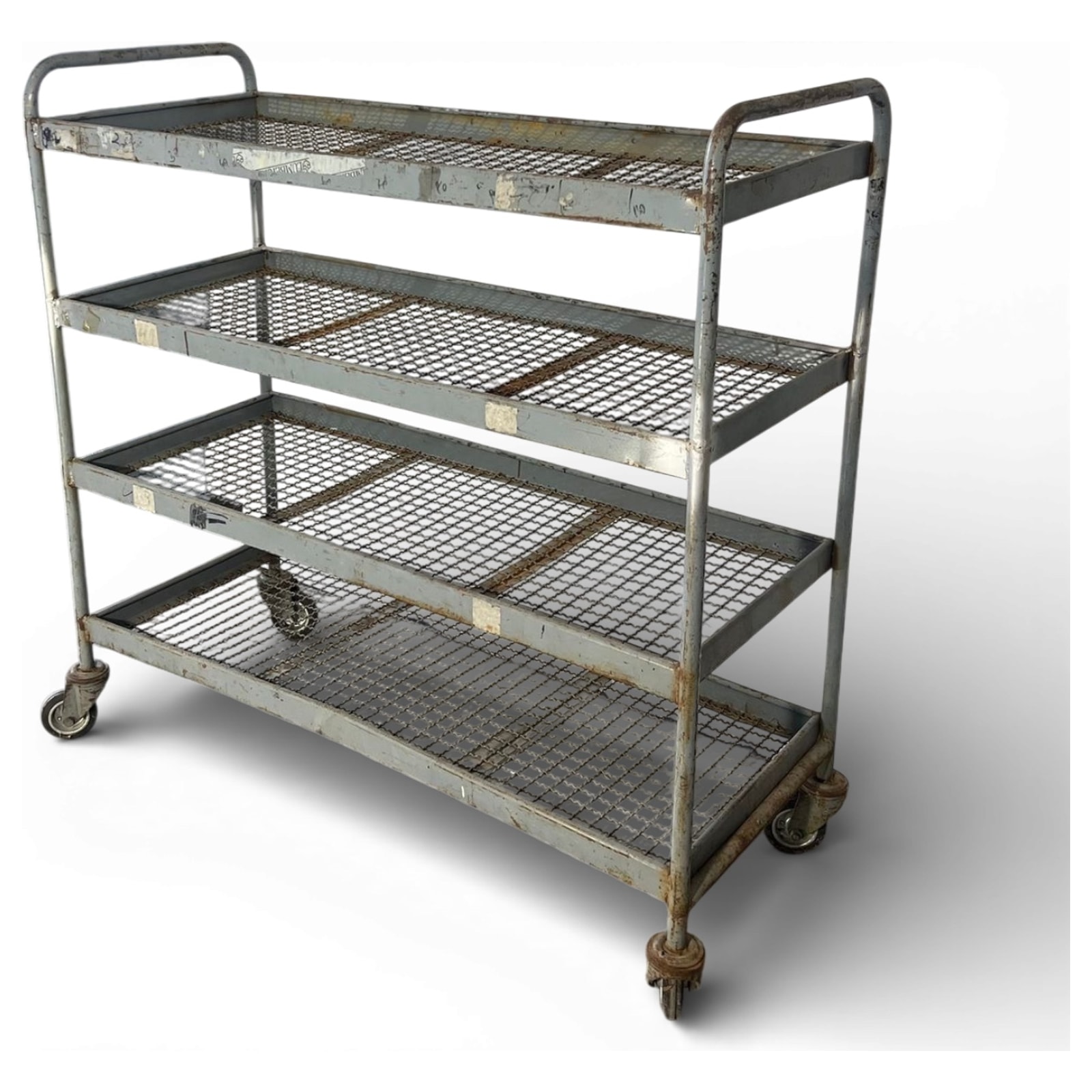 carrello industriale in rete metallica a quattro ripiani