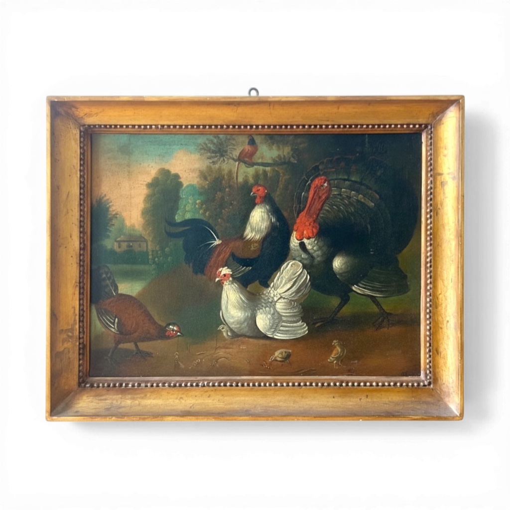 dipinto ad olio con natura morta di animali da cortile