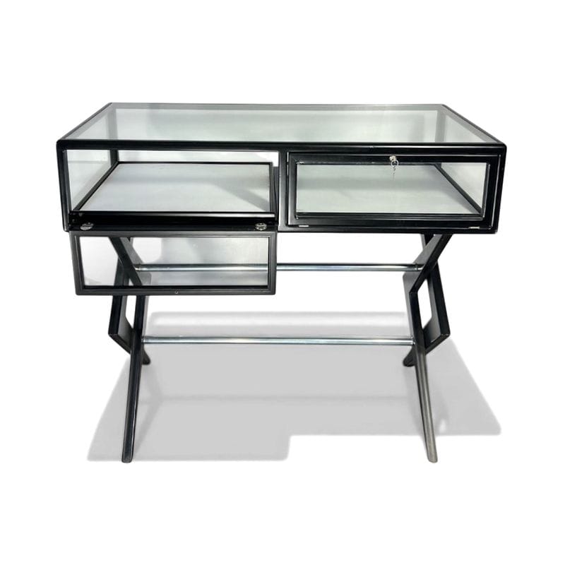 teca vetrina con gambe geometriche in legno verniciato