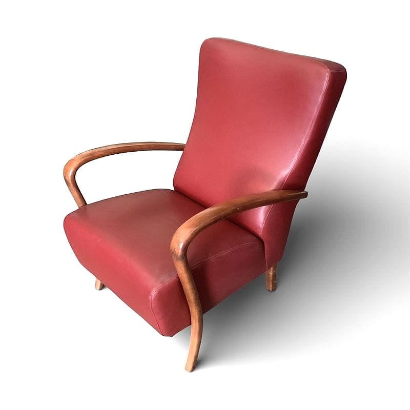 poltrona anni cinquanta in vinile rosso e faggio curvato