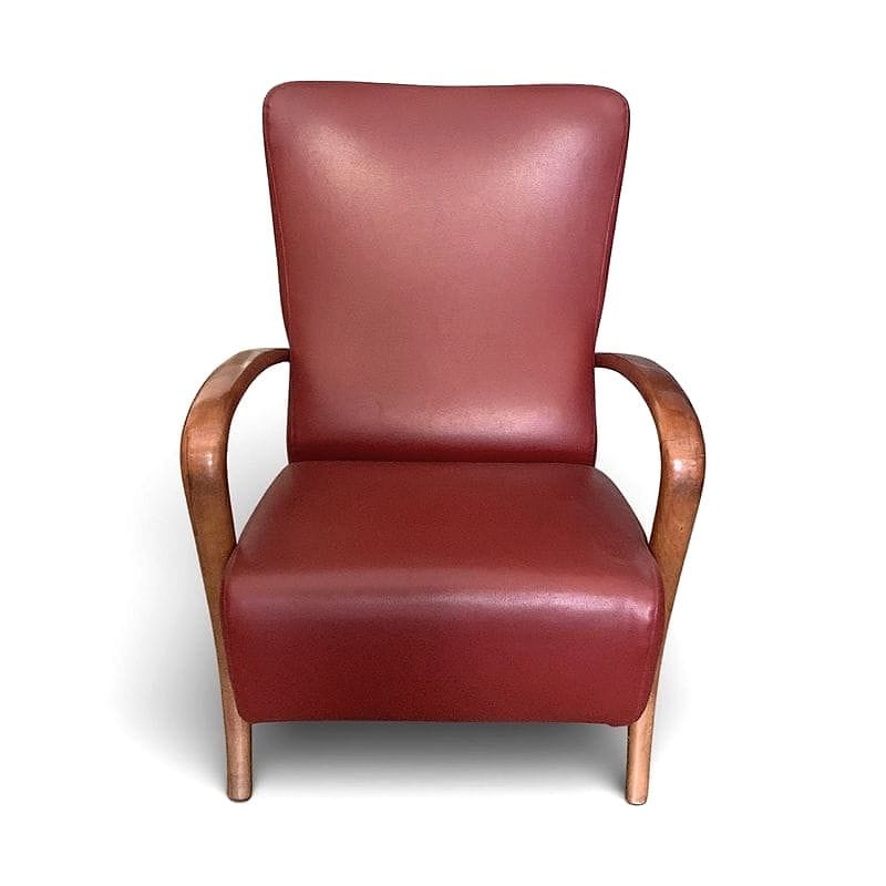 poltrona anni cinquanta in vinile rosso e faggio curvato - immagine 3