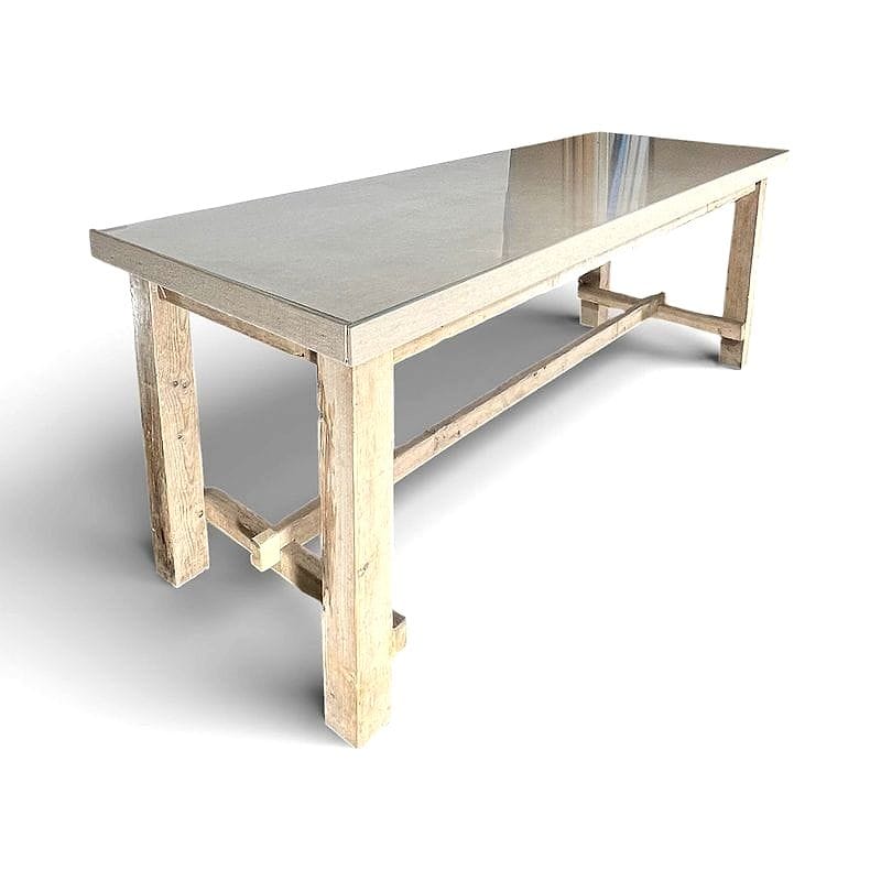 tavolo in rovere con piano rivestito in lino e vetro