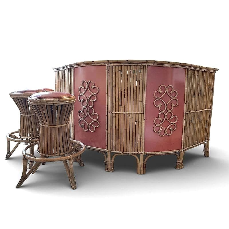angolo bar in bamboo e formica corallo anni '60 comprensivo di 3 sgabelli coordinati