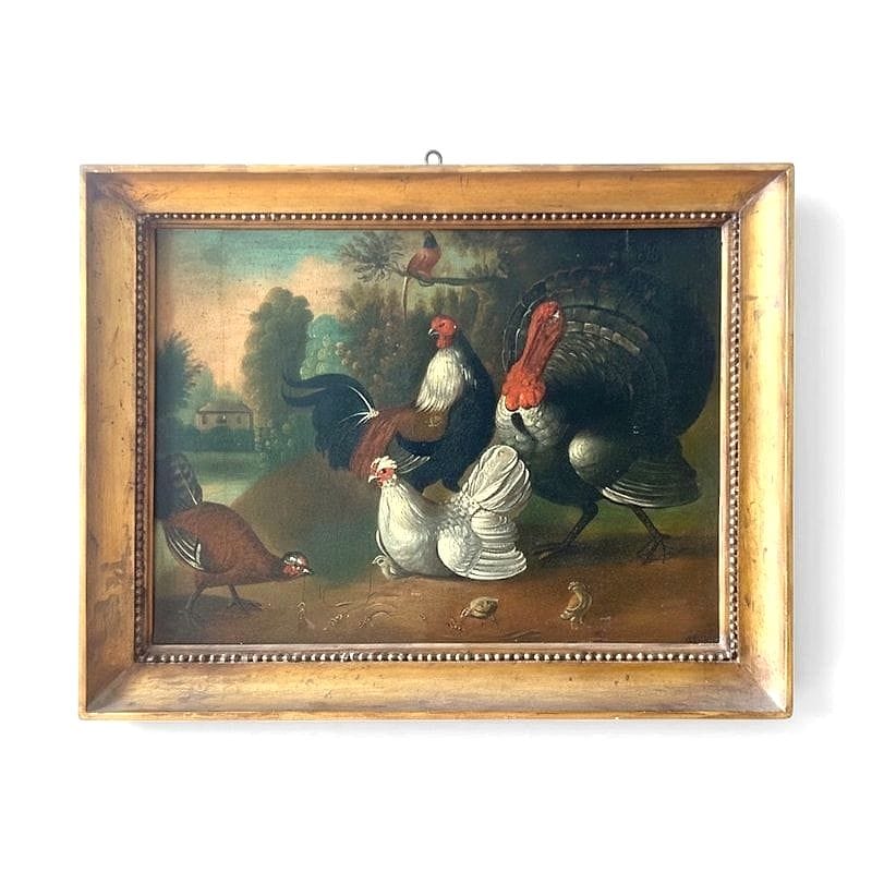 dipinto ad olio con natura morta di animali da cortile