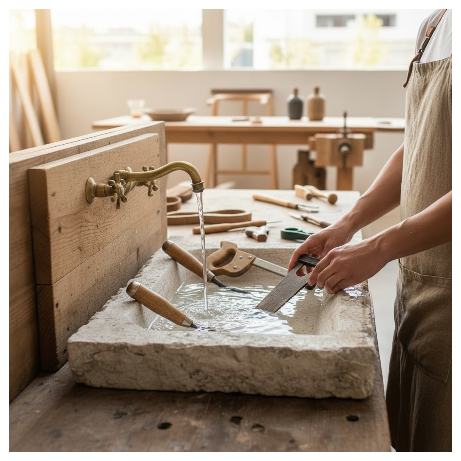 vasca da lavoro in pietra calcarea con scarico